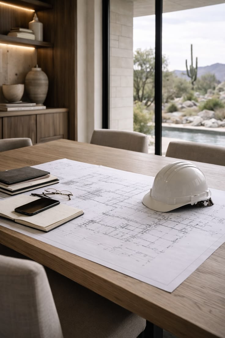 Planos de obra sobre la mesa de trabajo